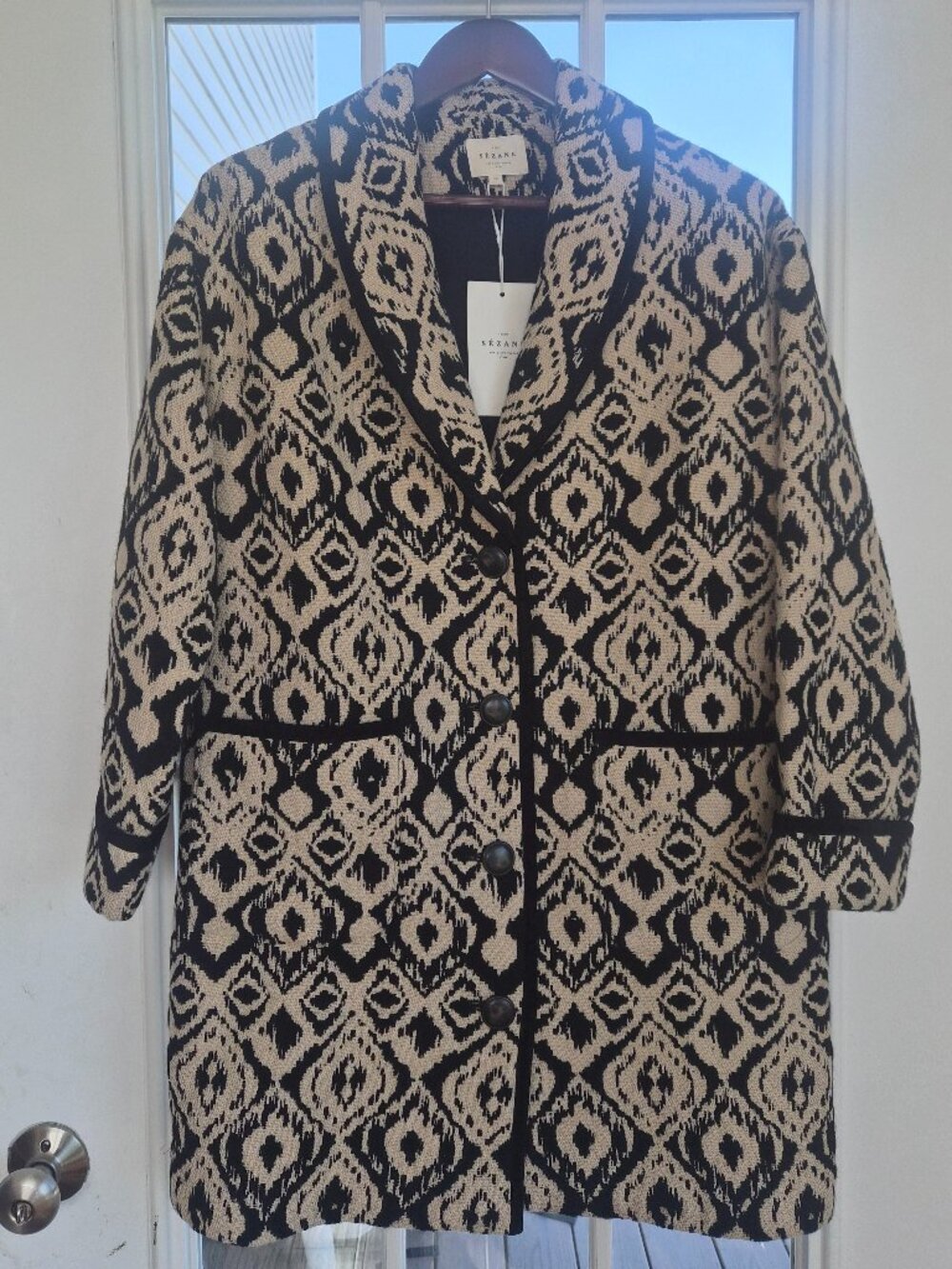 *NWT* [Sezane] Henri Coat in Ecru Jacquard Black, Size 36/S